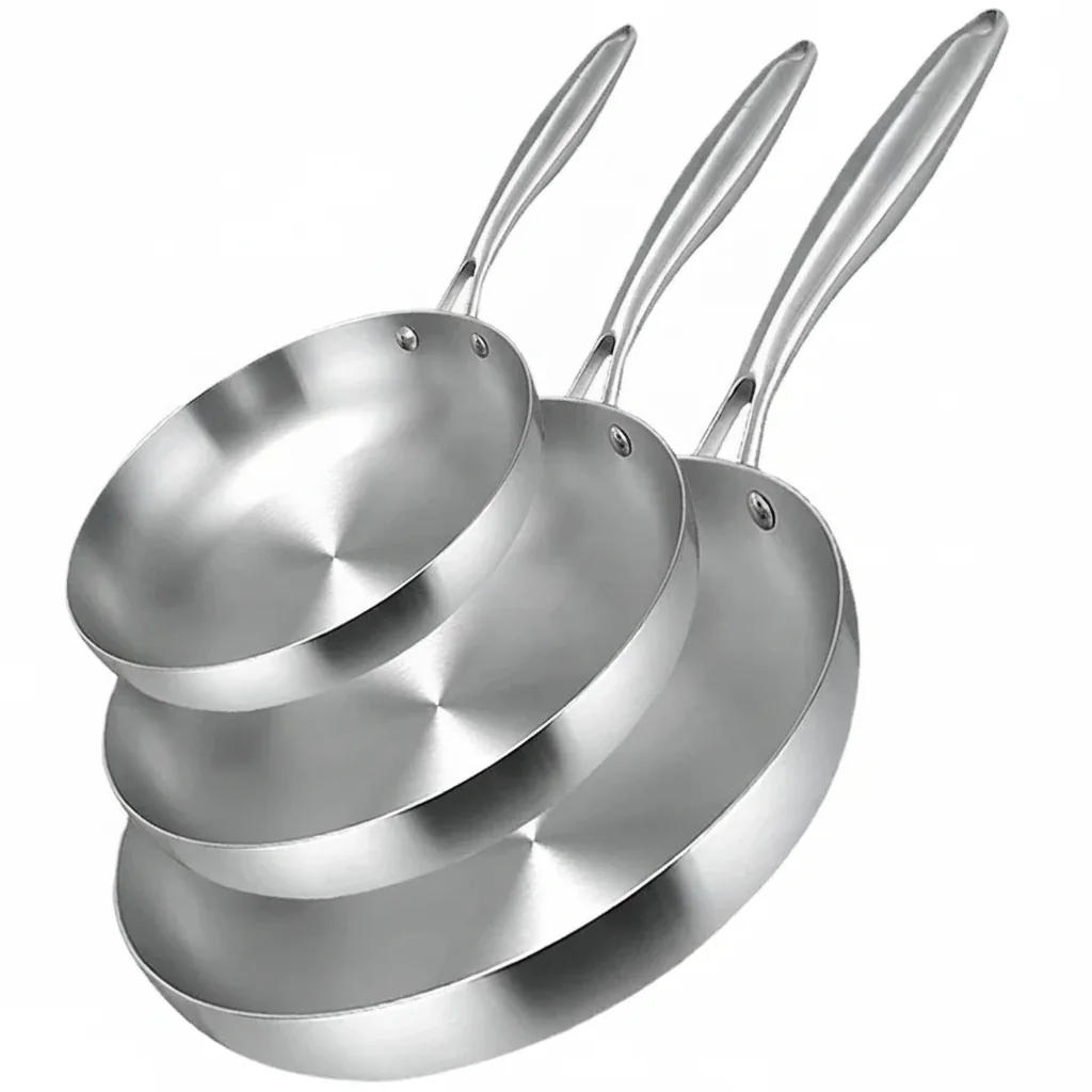 Padella in acciaio inox 304 senza rivestimento, gas e induzione 1 Trois poêles en acier inoxydable de tailles différentes empilées