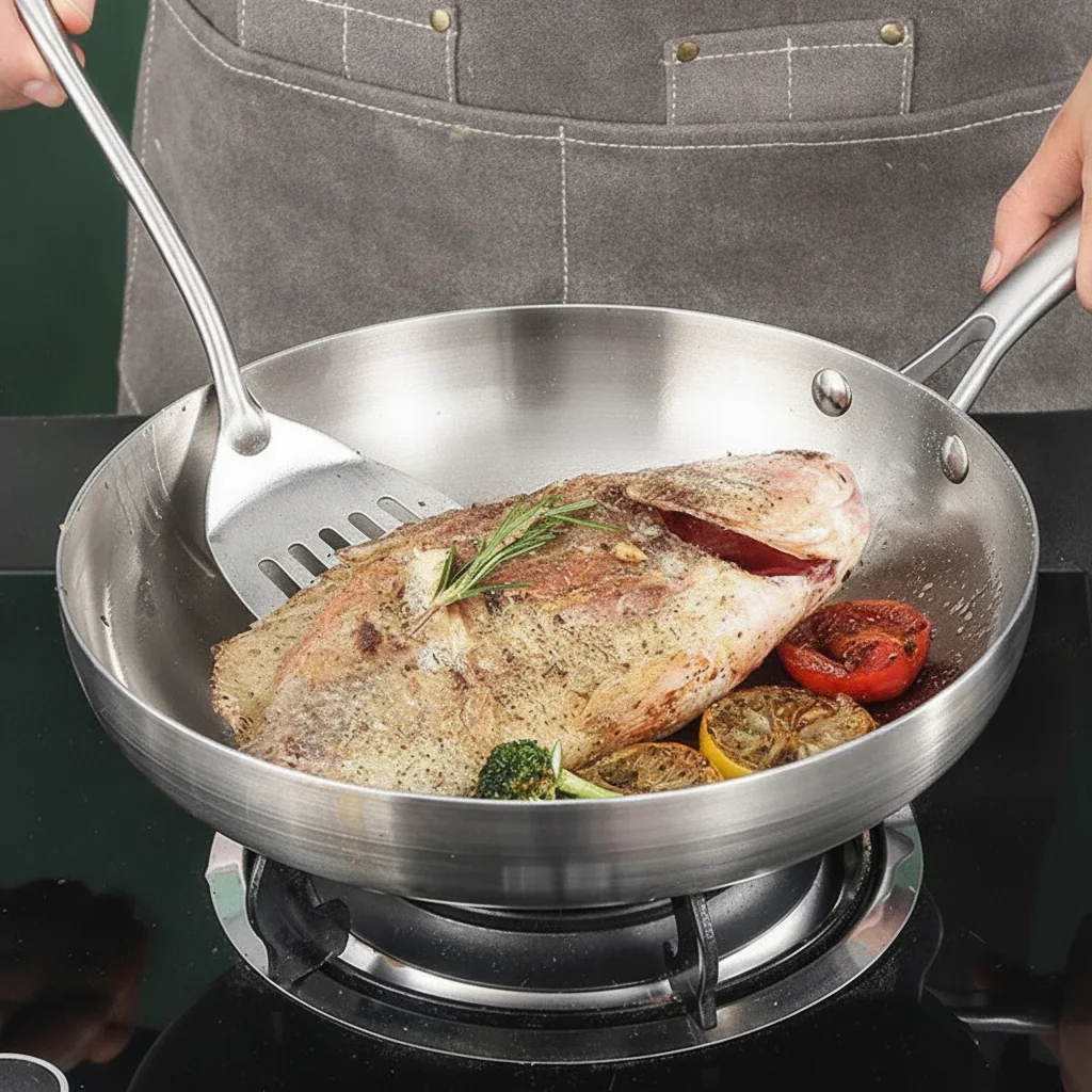 Padella in acciaio inox 304 senza rivestimento, gas e induzione 2 Pièce de viande saisie à la spatule dans la poêle en inox sur une plaque à gaz