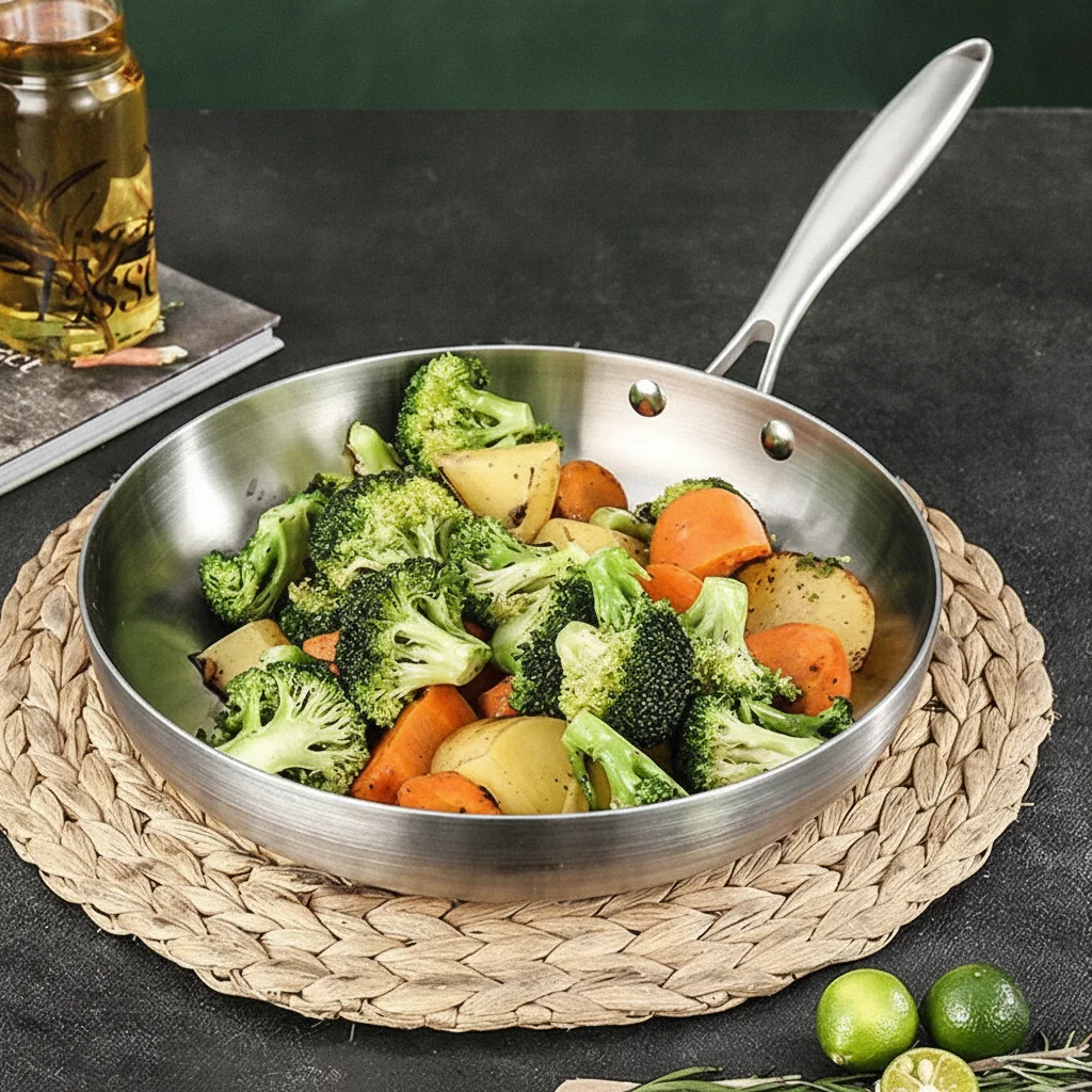 Padella in acciaio inox 304 senza rivestimento, gas e induzione 3 Légumes sautés dans la poêle en acier inoxydable posée sur un dessous-de-plat tressé