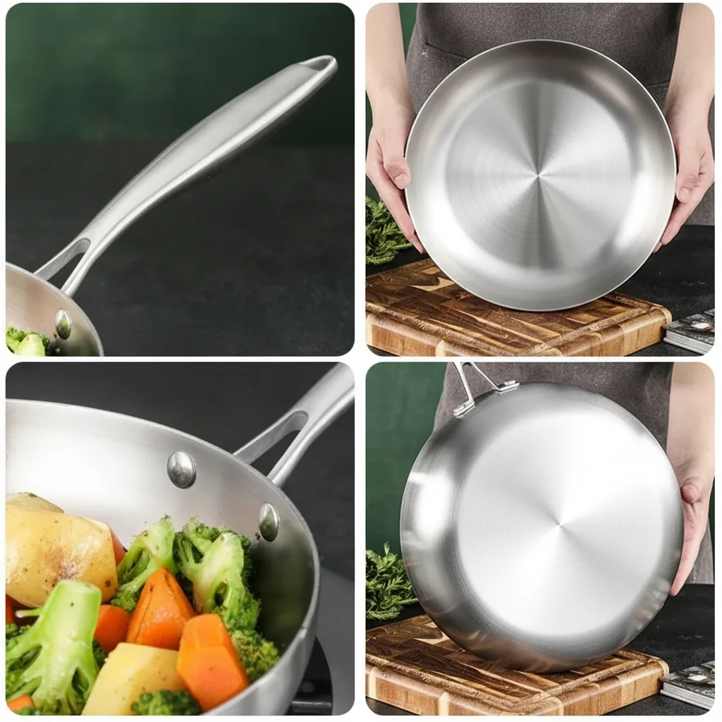Padella in acciaio inox 304 senza rivestimento, gas e induzione 4 Détails de la poêle : poignée rivetée, fond lisse et bords renforcés