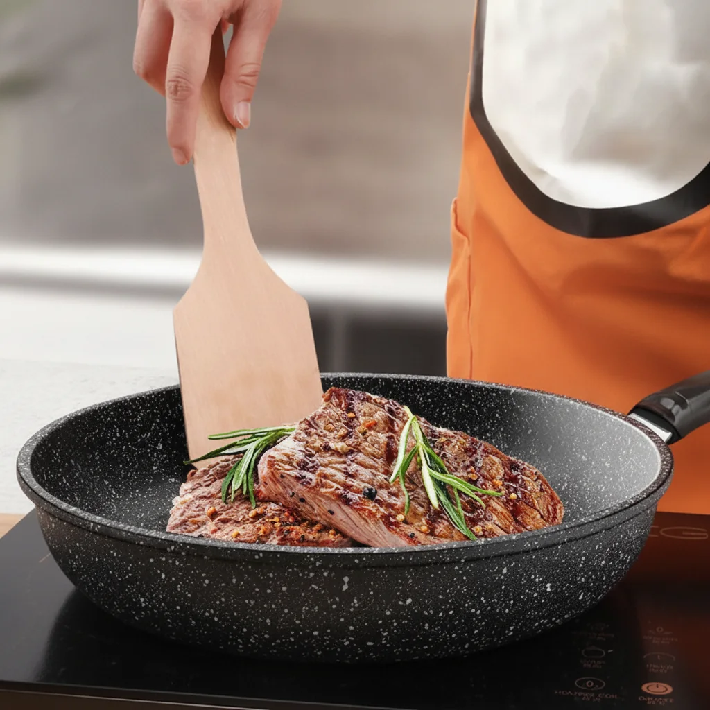 Padella antiaderente nera 26 cm, effetto pietra, gas, elettrico e induzione 2 Steak saisi à la spatule en bois dans la poêle noire