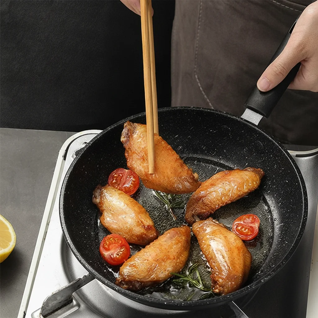 Padella antiaderente nera 26 cm, effetto pietra, gas, elettrico e induzione 3 Ailes de poulet dorées dans la poêle noire sur un feu à gaz