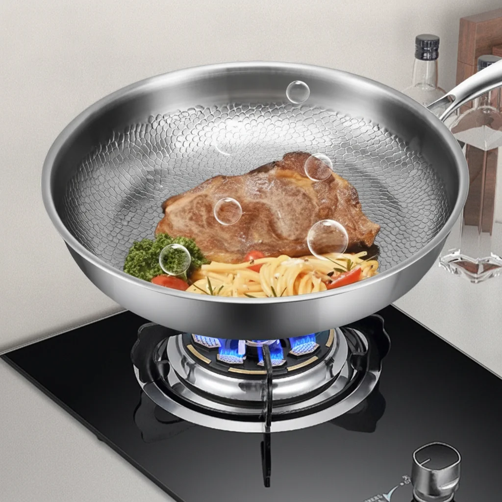 Padella a bordi alti con coperchio, antiaderente, compatibile con induzione 2 Poêle à frire martelée avec un steak et des pâtes sur une plaque à gaz
