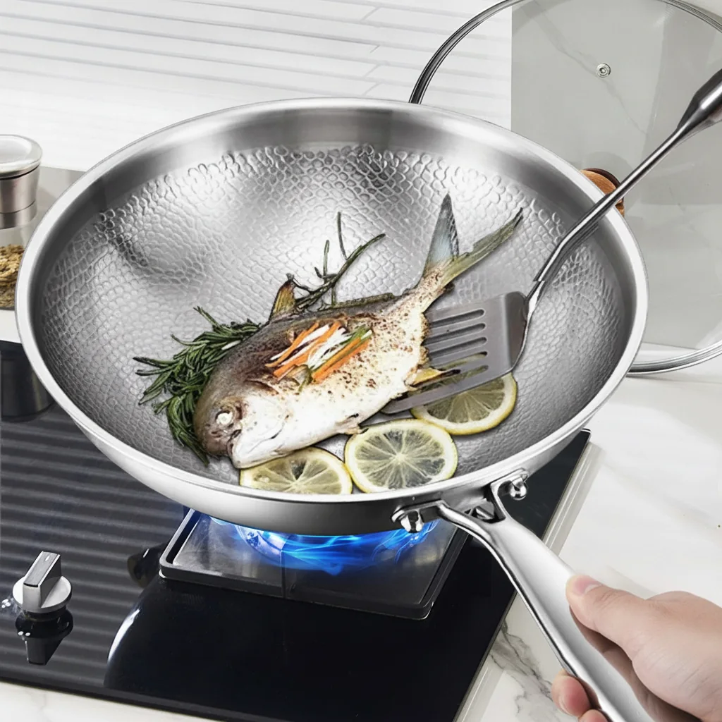 Padella a bordi alti con coperchio, antiaderente, compatibile con induzione 3 Poisson et citron cuits dans la poêle martelée avec une spatule