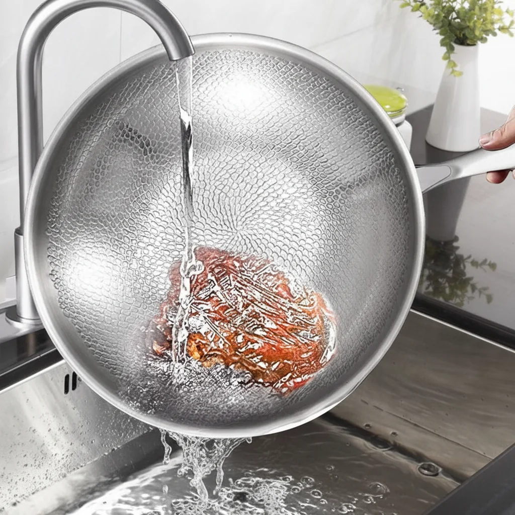 Padella a bordi alti con coperchio, antiaderente, compatibile con induzione 4 Rinçage de la poêle sous le robinet, nettoyage facile