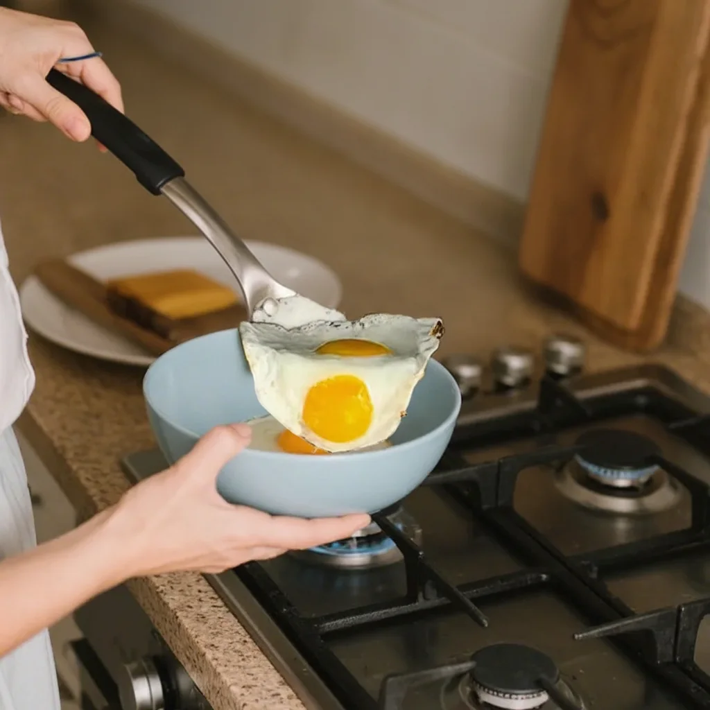 Padella a bordi alti con coperchio, antiaderente, compatibile con induzione 5 Œuf au plat glissé à la spatule dans un bol après cuisson à la poêle