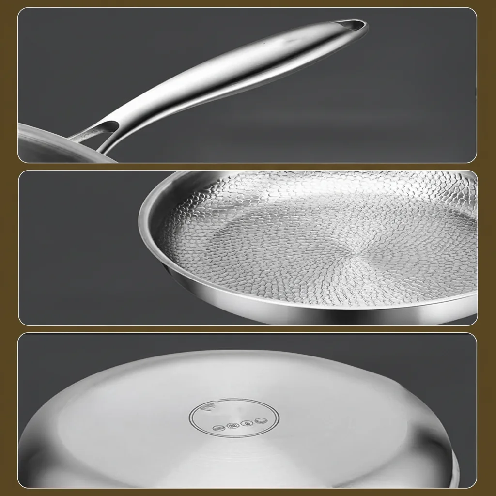 Padella a bordi alti con coperchio, antiaderente, compatibile con induzione 6 Détails de la poêle : poignée, intérieur martelé et fond compatible induction