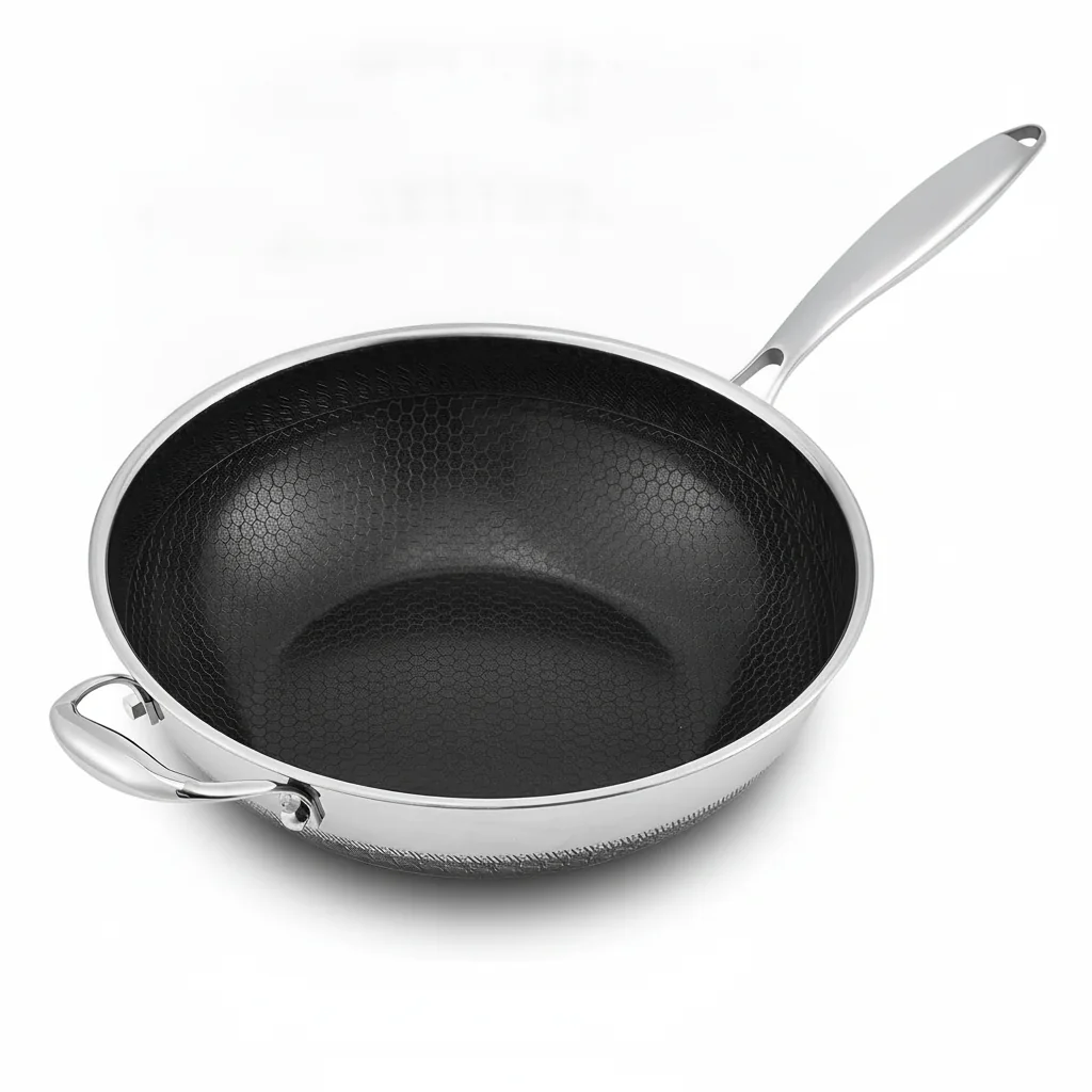 Wok antiaderente in acciaio inox a tre strati, rivestimento a nido d'ape 1 Wok antiadhésif en acier inoxydable avec revêtement alvéolé noir, vue de dessus