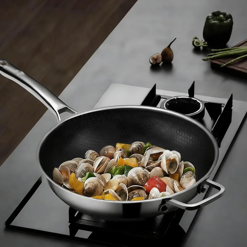 Wok antiaderente in acciaio inox a tre strati, rivestimento a nido d'ape 2 Sauté de palourdes et de légumes dans le wok sur une plaque de cuisson