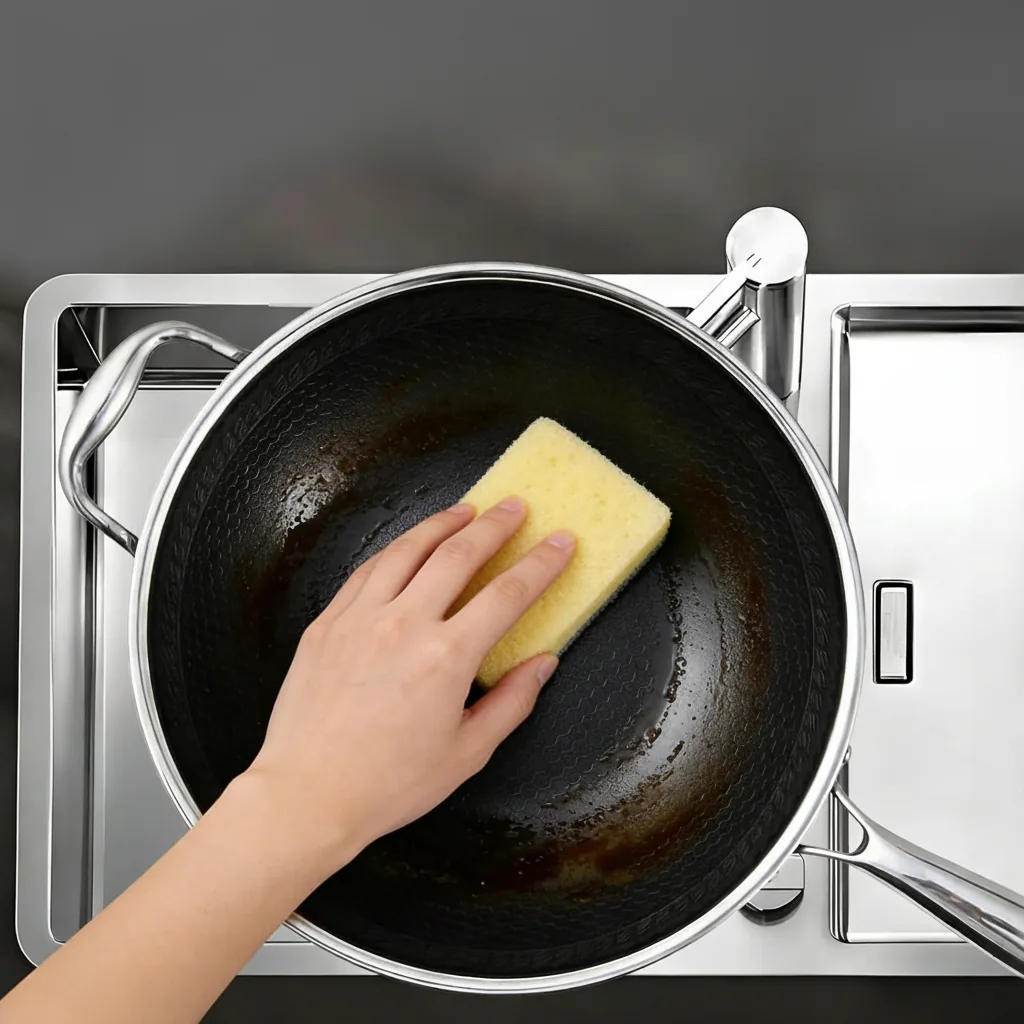 Wok antiaderente in acciaio inox a tre strati, rivestimento a nido d'ape 3 Nettoyage du wok à l’éponge, revêtement facile à entretenir
