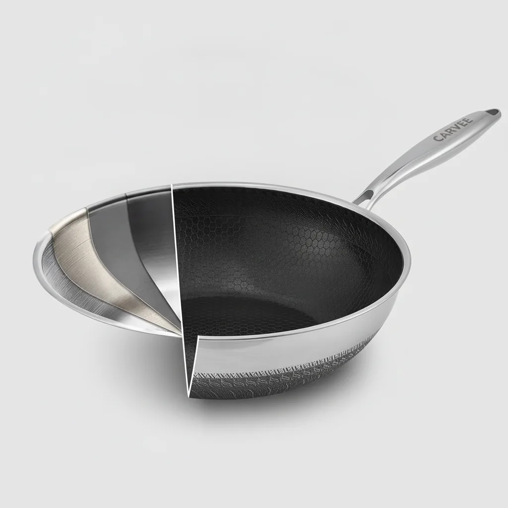 Wok antiaderente in acciaio inox a tre strati, rivestimento a nido d'ape 4 Coupe du wok montrant les couches : acier inoxydable, cœur en aluminium et fond magnétique