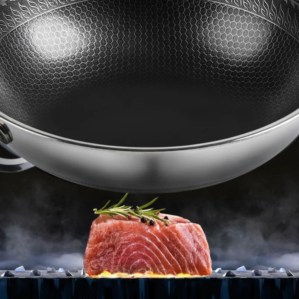 Wok antiaderente in acciaio inox a tre strati, rivestimento a nido d'ape 5 Gros plan sur le revêtement alvéolé du wok, avec un pavé de poisson